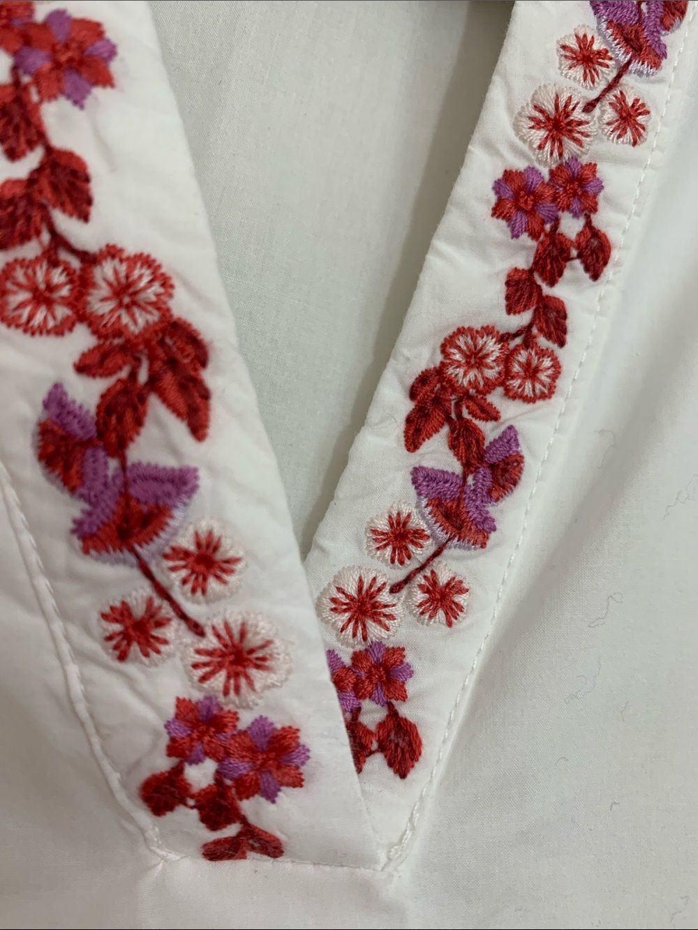 White Embroidered Bubble-Sleeve Blouse with Pink Trim - Picture 6 of 6
